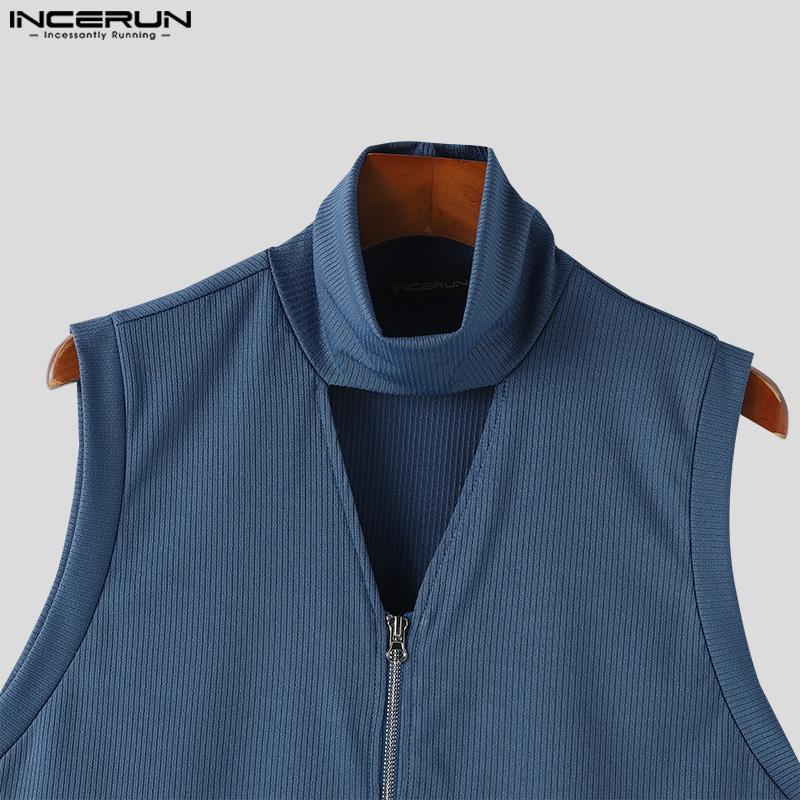 INCERUN Men High Neck Sleeveless Solid Vest Zipper Knitted Tank Tops