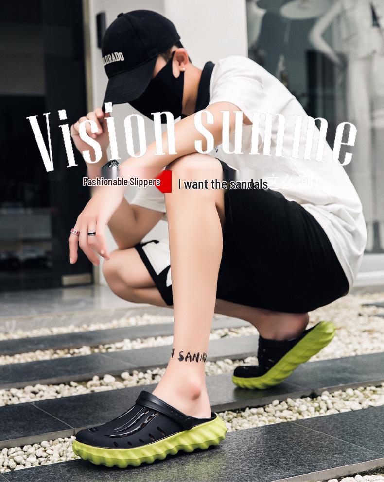 Men's Outdoor Thick-Soled Jelly Sandals: Closed-Toe, Height-Boosting, Wear-Resistant, Large Size.