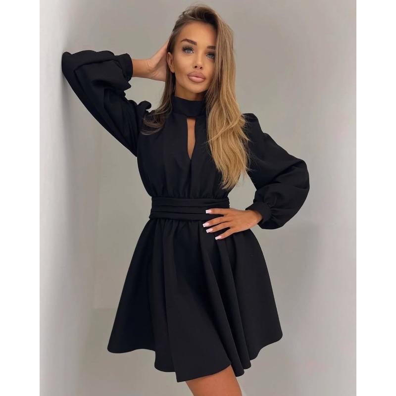 European and American new spring and autumn sexy hollow waist solid color dress independent station women s clothing S чёрный