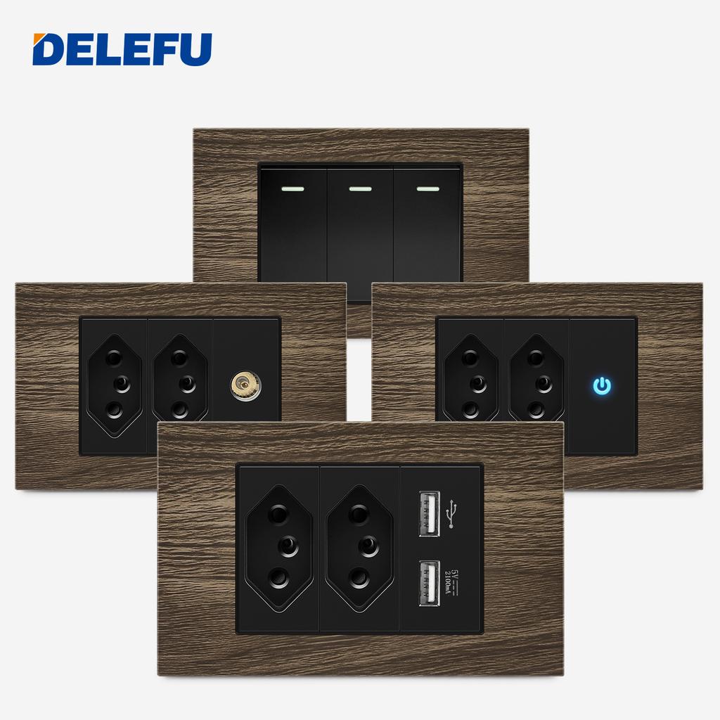 DELEFU Brasilianischer 118er Vintage Aluminium-Holzmaserung Schaltersteckdose mit USB Typ-C Anschluss Netzstecker ist Langlebig.