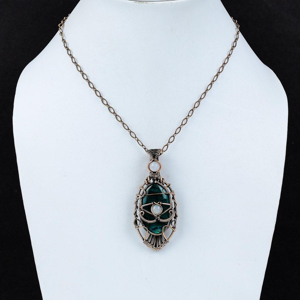 Evil Eye Neon Flash Labradorite Pendant Copper Wire Wrapped Gemstone Pendant Rainbow Moonstone Pendant Handmade Pendant Copper Wire Jewelry