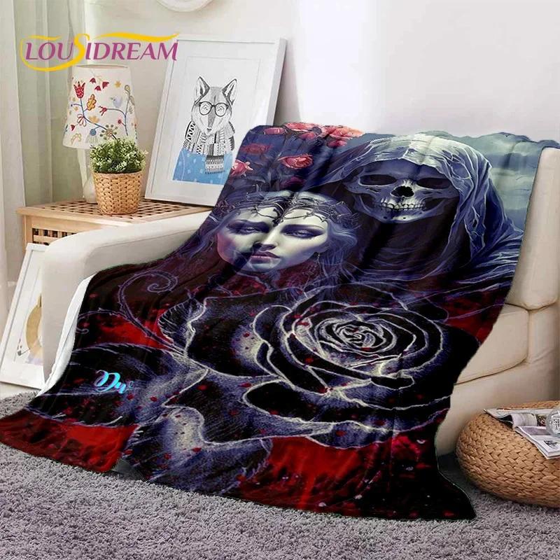 Skull Dead Girl 3D Gothic Horror Female Rose Soft Flannel Blanket,Throw Blanket Comfortable Blanket for Picnic Beds Home Bedroom
