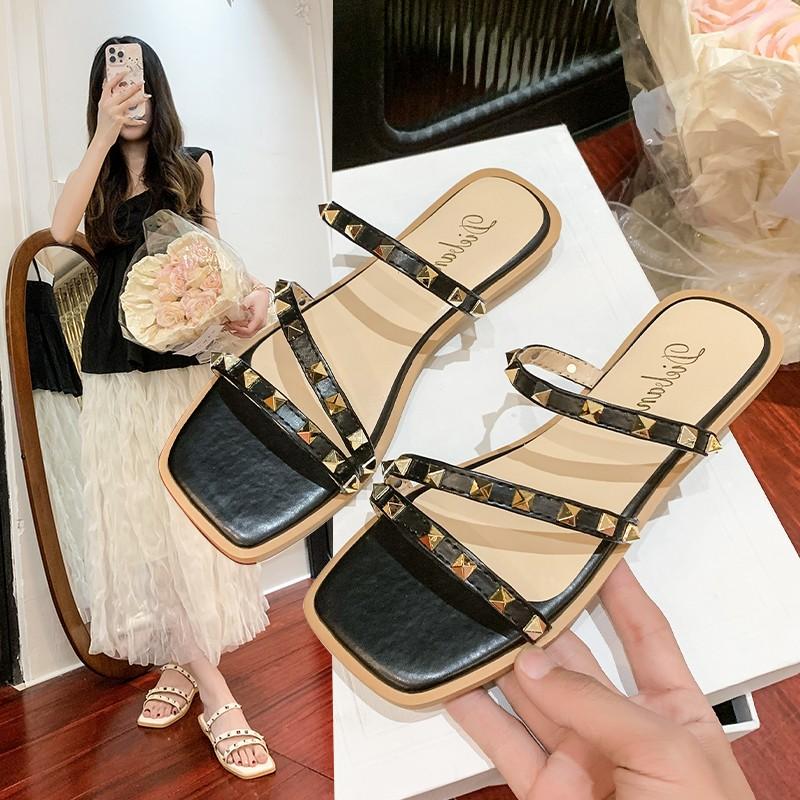 

Fashion 2025Lady Blue Gold Studs Rivets Slippers Square Toe Summer Shoes Latex Spongy Insole Zapatos American And European 36 чёрный