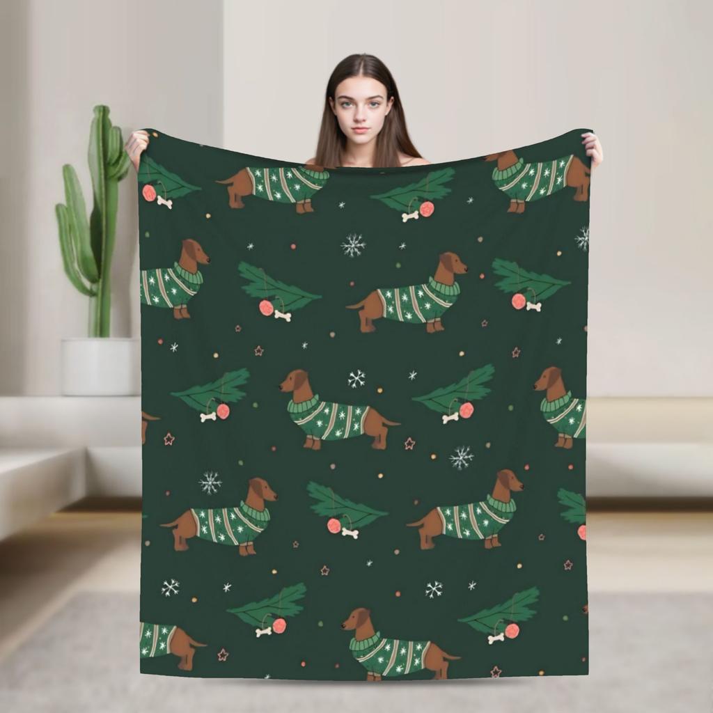 Dachshund Christmas Knitted Blankets Flannel Dogs Animal Super Soft Throw Blankets for Car Sofa Couch Bedroom Quilt
