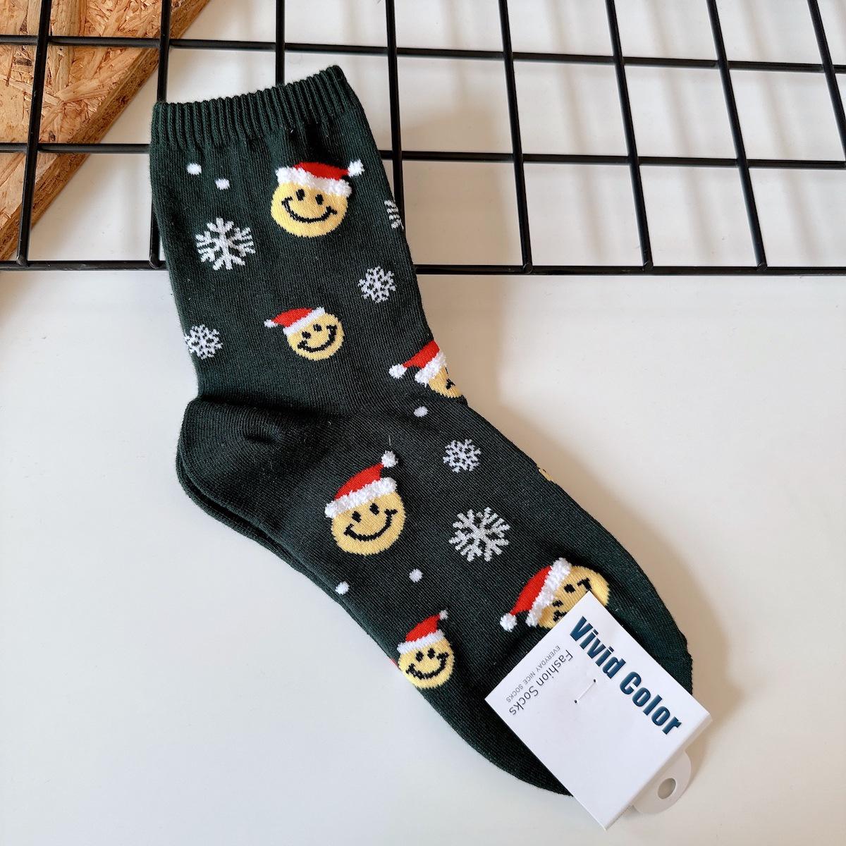 

Корейские рождественские носки для женщин - Новые осенне-зимние длинные носки с принтом смайлика и шапки Санты One Size зелёный