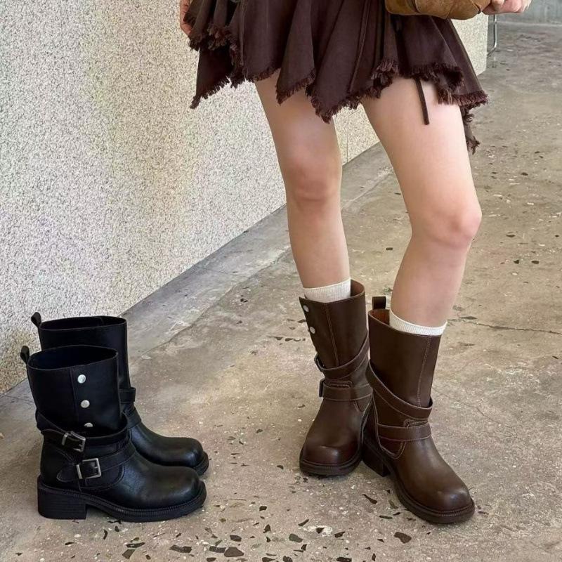 Cowhide Edition~ Genuine Leather Black Martin Boots Women's Thick Heel Round Head Medium Boots Belt Buckle Spice Girls Vintage Western Boots