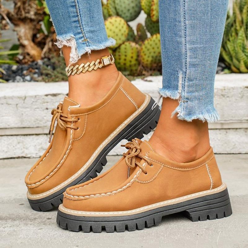 Women's Block Heel Non Slip Lace Up Leather Shoes Spring Autumn Solid Color British Style Loafers