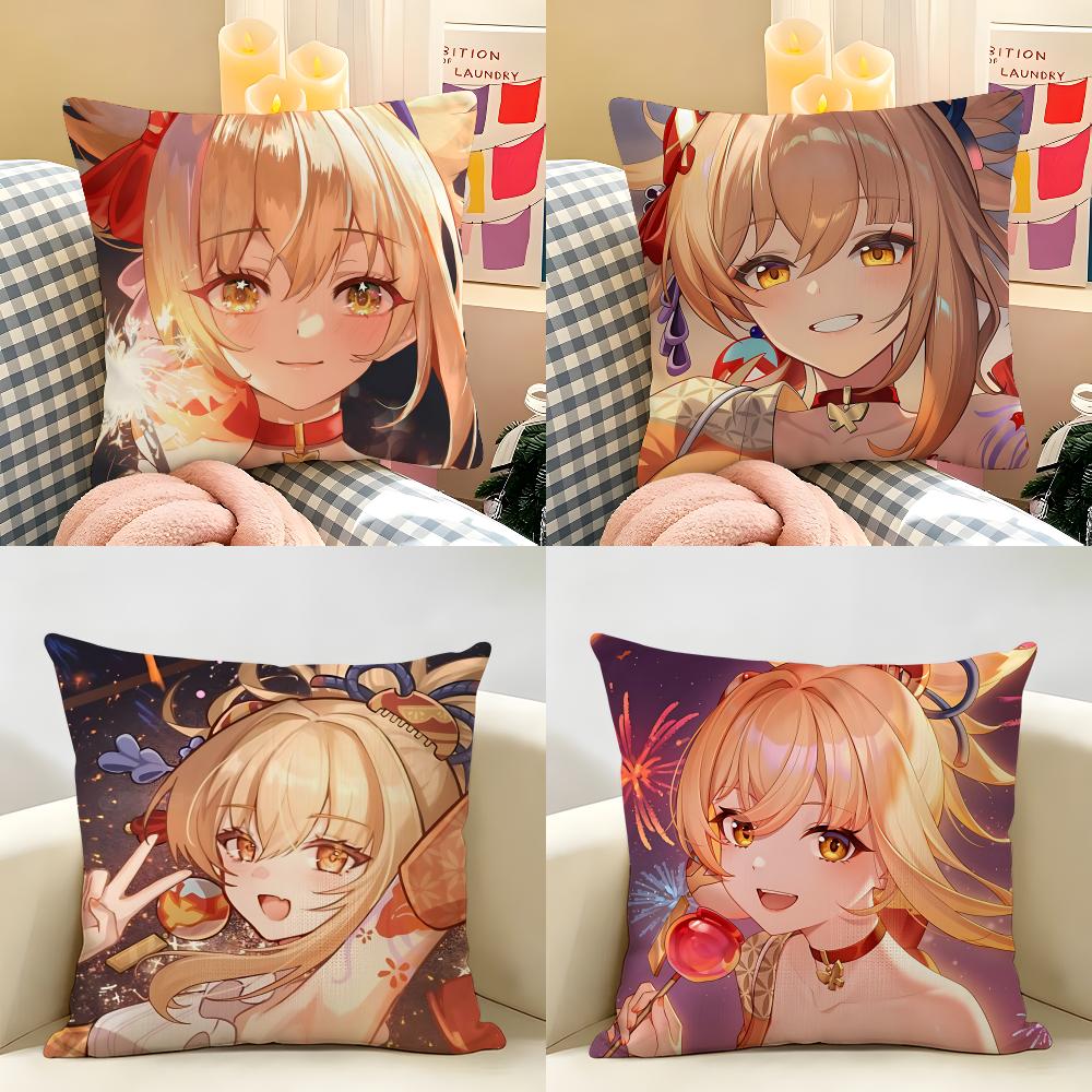 Yoimiya Genshin Impact Cushion Cover Natural Linen Organic Fabric DoubleSided Printing Room Sofa Decor Pillow Case