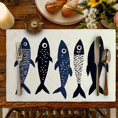 Set Nordic Coastal Fish Pattern Placemats Machine Washable Table Mats Party Kitchen Dining Room Decor