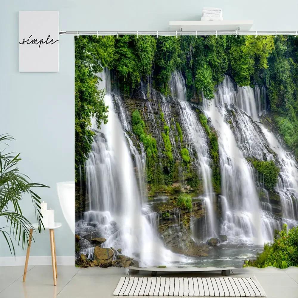 

Landscape Scenery Shower Curtain Waterfall Forest Green Plants Trees Spring Nature Photography Bathroom Decor Waterproof Screen W60H190(CM)-1 Pcs