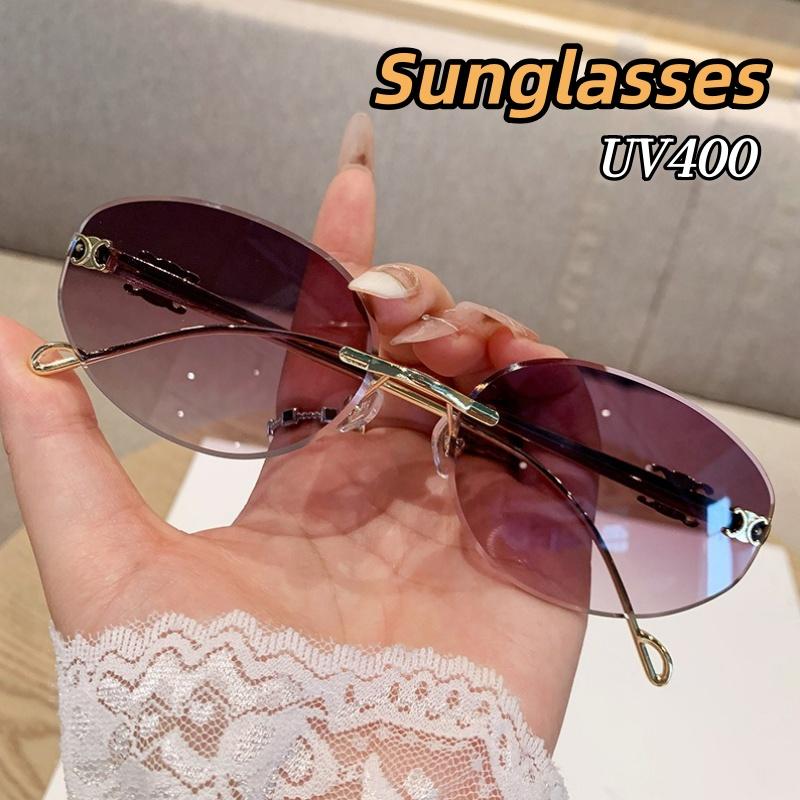 Oval Frame Metal Frameless Uv400 Sunglasses Trendy And High-End Retro Fashion Sun Protection Uv Resistant Glasses For Women