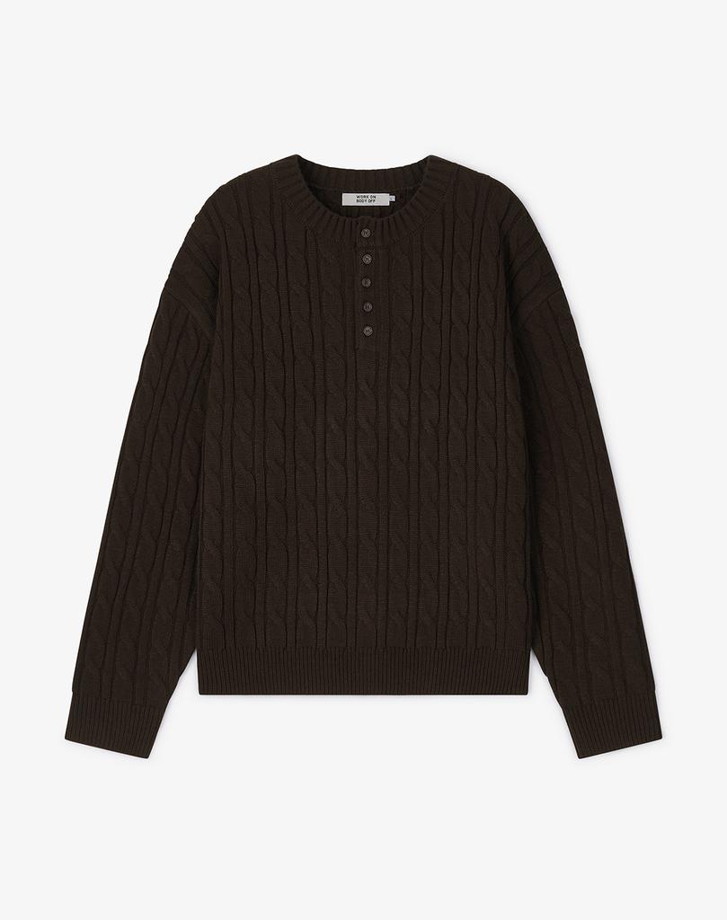 WORK ON BODY OFF Koren Semi-Overfit Cable Henley Neck Knit [Brown]