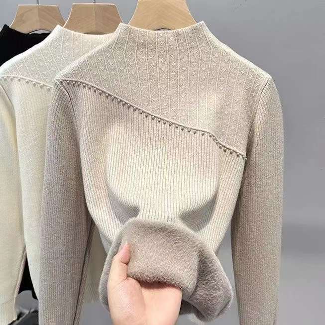 

Цельный толстый бархатный свитер для женщин, теплый бархатный пуловер с полувысоким воротом, повседневный вязаный свитер на осень и зиму XL хаки