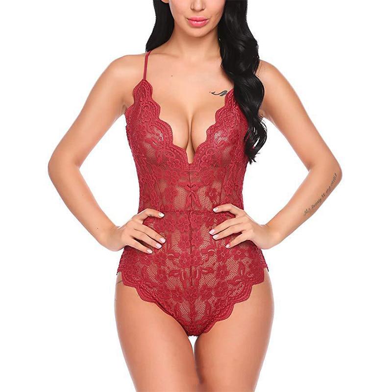 Sheer Lace Bodysuit Women Backless Transparent Mesh Bow Sexy Jumpsuit Catsuit Straps Bodysuits Thong