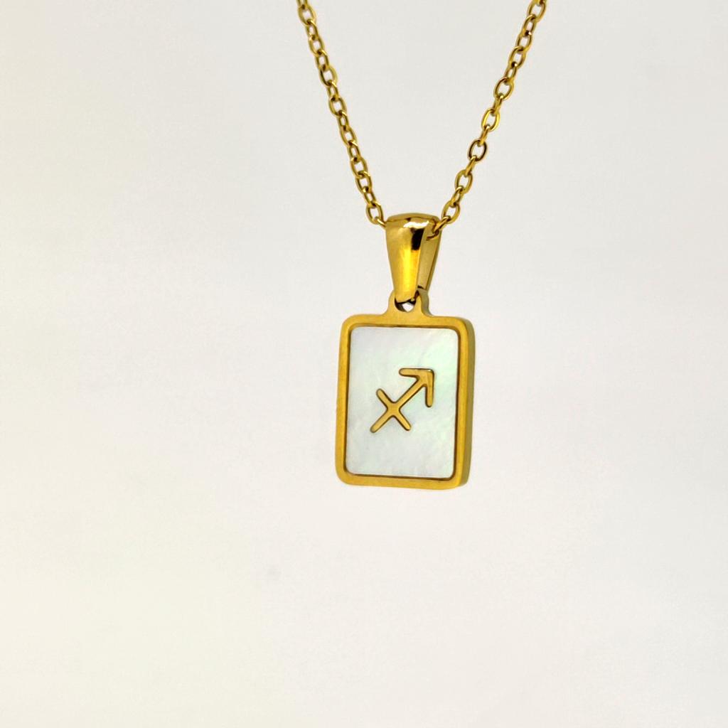 1pc Shell Zodiac Sign Necklace, Stainless Steel Square Pendant With White Shell, Perfect For Women