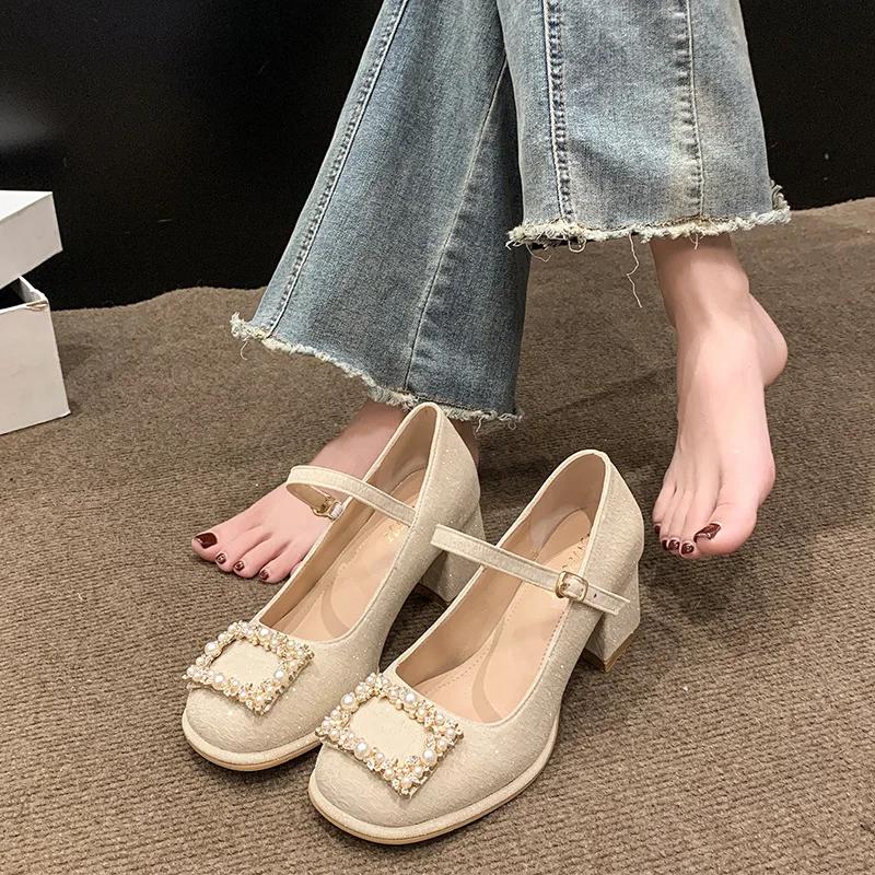Fashion French Thick Heel Square Head Waterproof High Heel Single Shoes Women 2025 New Line Button Fairy with Skirt Shoes