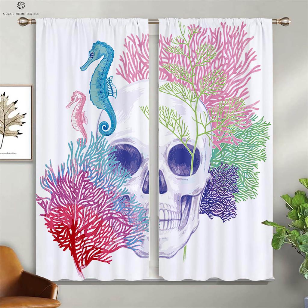 Skull Stealing Floral Creative Print Curtains, Suitable for Living Room, Dining Room, Study Room, Halloween Decoration