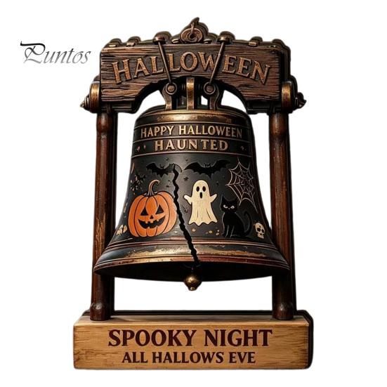 Housewarming Gift Ideas Vintage Halloween Wooden Bell Decor, Rustic Farmhouse Shelf Sitter with Artistic Photo Props Metal Wood Stand, Tabletop