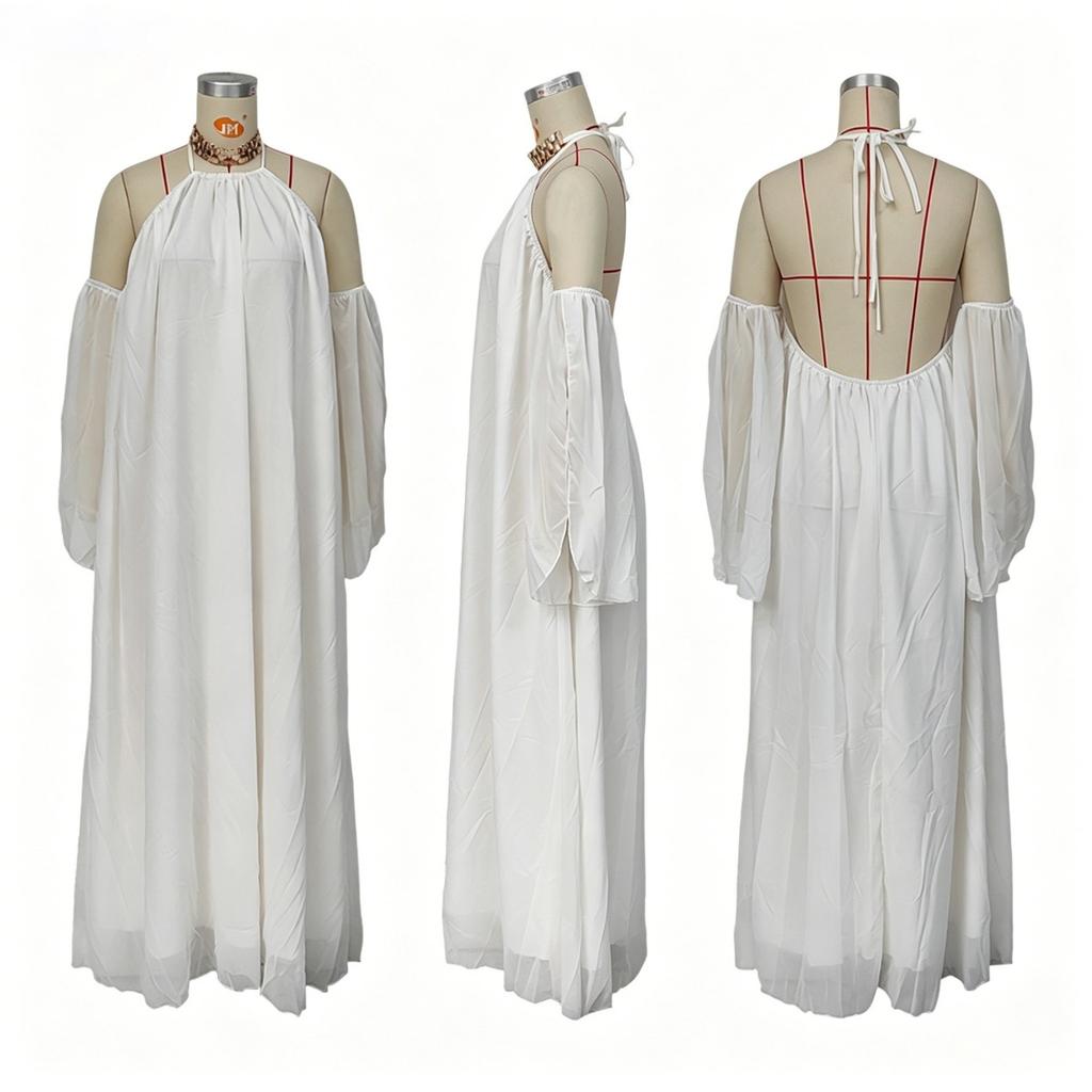 Women's Solid Chiffon Halter Tie Off-shoulder Loose Long Maxi Dress, Casual Summer Sundress For Ladies