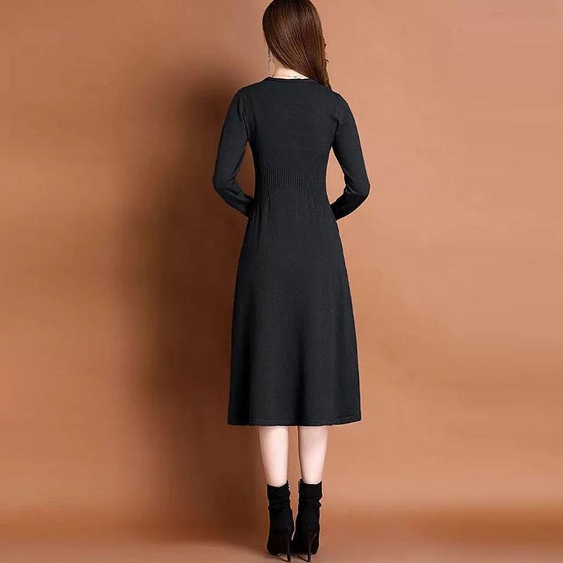 Knitted Dress Women Autumn Temperament V Neck Dress Spring and Autumn Solid Long Sleeve Sweater Long Dress Pullover Female