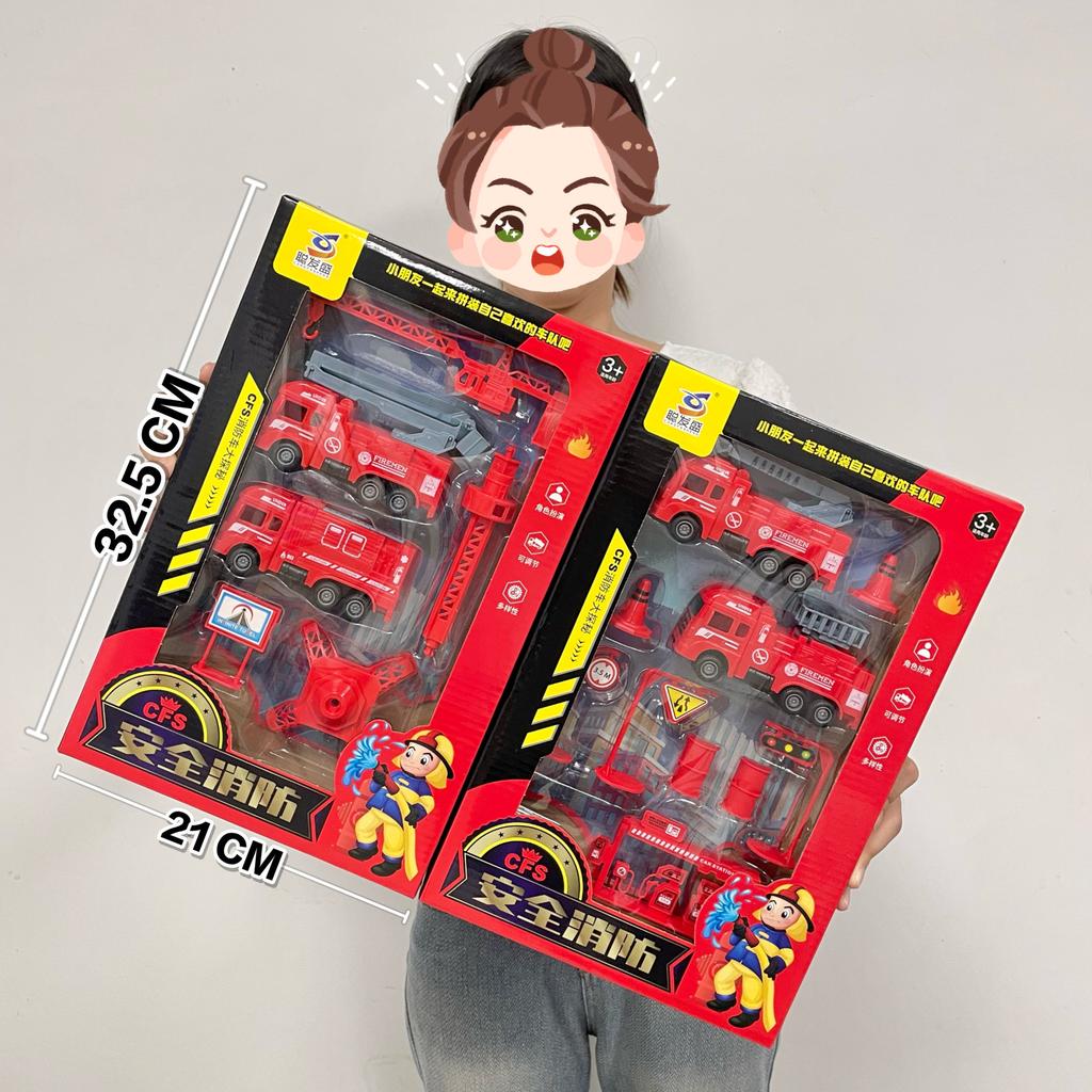 Construction Truck Fire Truck Inertia Pull Back Truck Set Gift Box Excavator Bulldozer Model Boy Toy