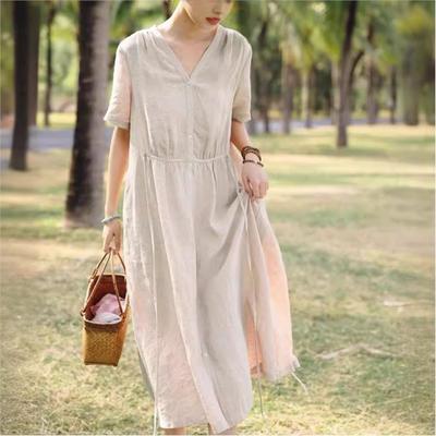 Abito casual monopetto coreano a maniche corte con scollo a V e linea ad A, da donna, alla moda autunnale