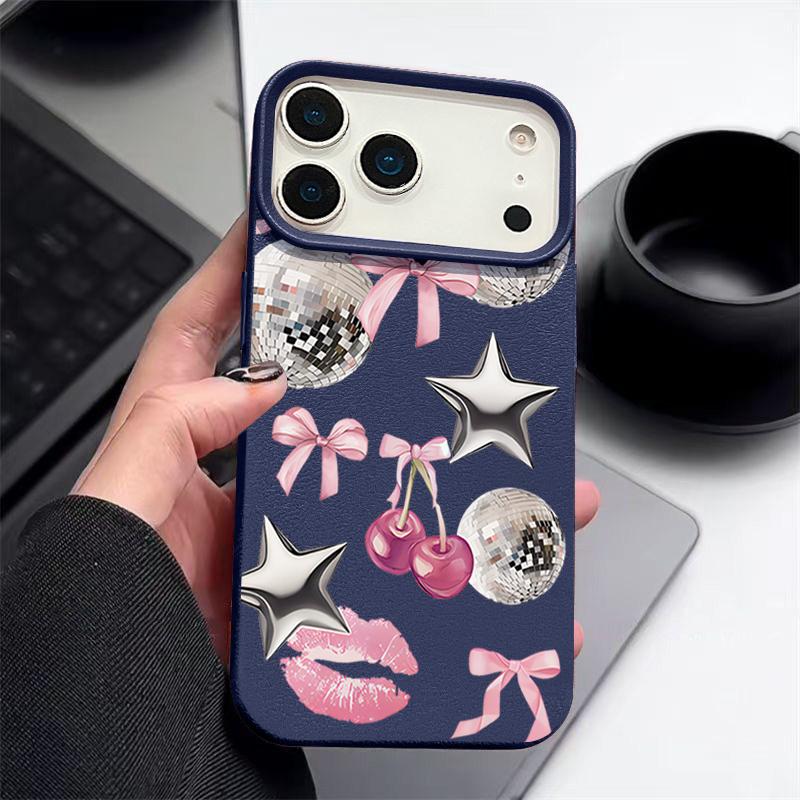 Cherry Bowknots Lips Disco Ball Pattern Case For iPhone 17 Pro Max iPhone 16 Pro Max 15 14 13 12 11 16E Air Luxury Leather Texture Silicone Cover