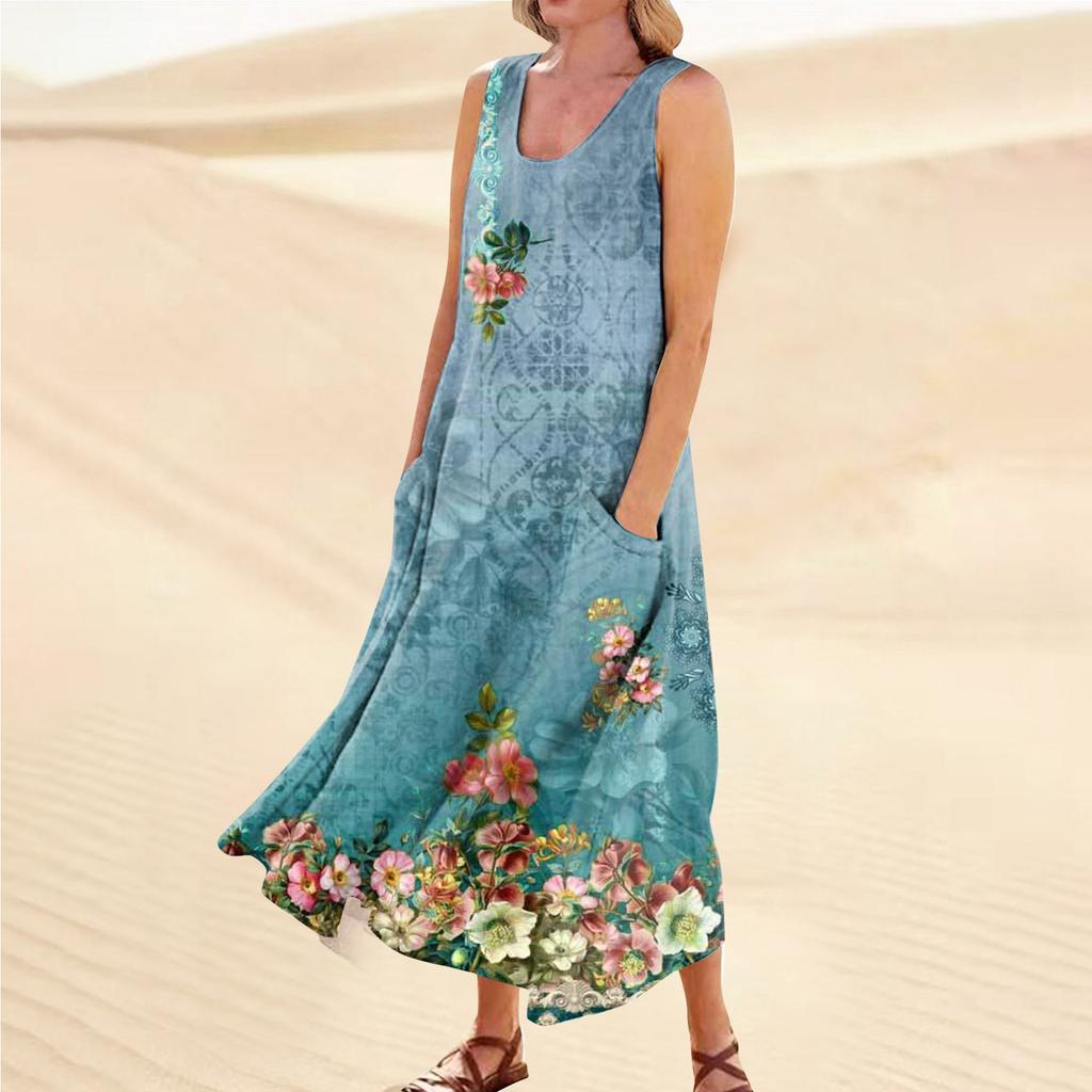 Damen Sommerkleid, lässig, modisch, bedruckt, ärmellos, Rundhalsausschnitt, Taschenkleid