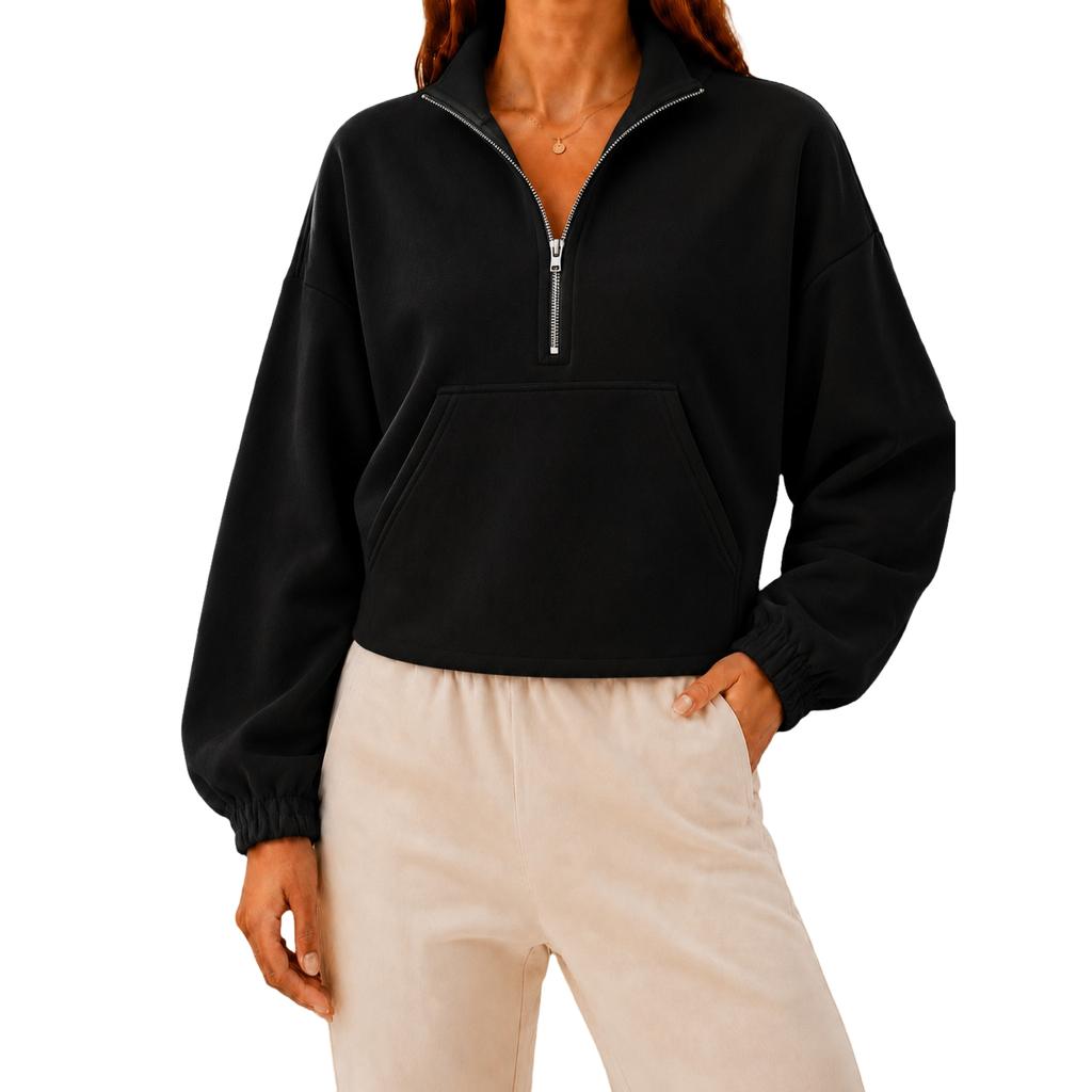 Damen Halbreißverschluss Cropped Langarm Sweatshirt mit Umlegekragen