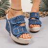 Fashion 2025 New Women Platform Sandals Straw Weaving Thick Sole Denim Shoes Fashion Casual Double Buckle Strap Sandals Slides Women