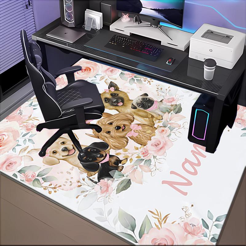 Custom Name Floral Puppies Art Rug for Living Room, Game Rooms, Office, Bedroom, Floor Mat Playful Design, fan gifts Christmas decor