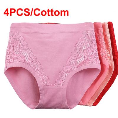 4PCS XL-6XL Plus Size Underwear Cotton Lace Panties Lingeries Briefs High Waist Middle-aged Women