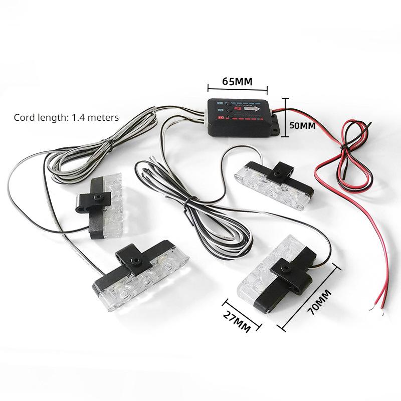 Modificação de carro controle remoto com fio 12V um a quatro vermelho e azul clipe de grade intermediária luz estroboscópica 12V, LED super brilhante e de alta potência