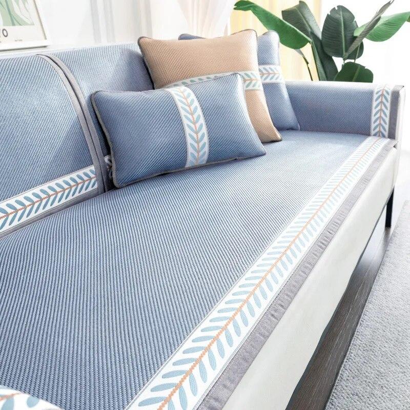 Wormwood Rattan Mat Sofa Cushion Ice Floss Antiskid Ventilate Exquisite Embroidery Sofa Towel Widen Binding Wormwood Sofa Cover