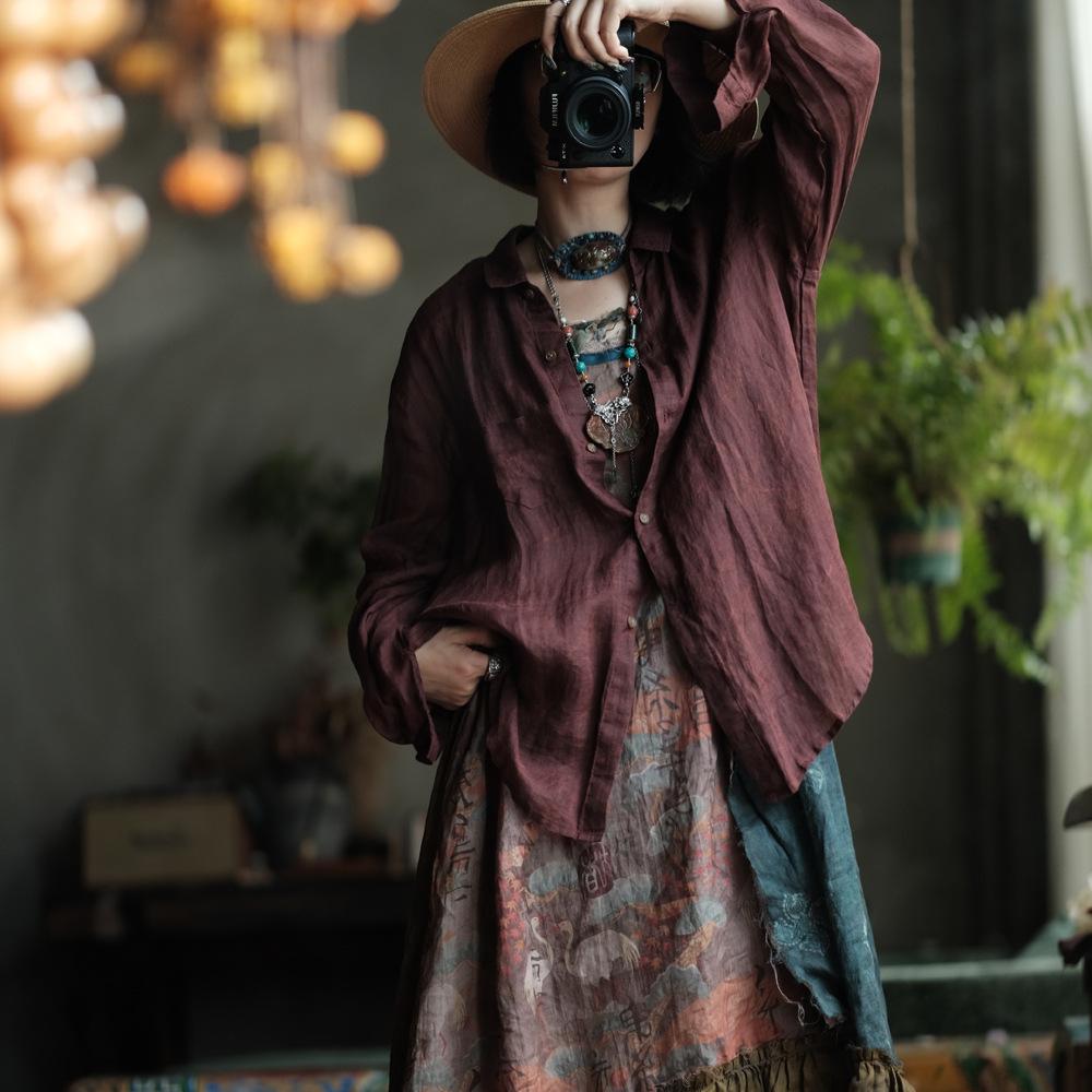 Johnature Women Vintage Shirts Tops Spring Button Long Sleeve Blouses Loose Women Irregular Shirts