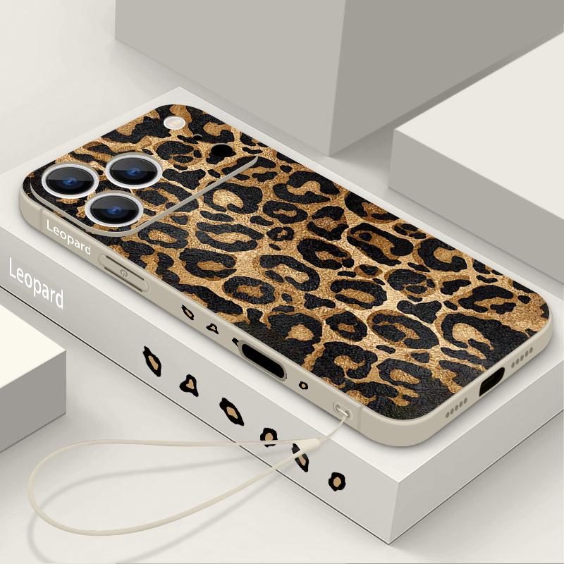 Golden Leopard Print Lanyard Case For iPhone 17 Pro Max Funda iPhone 16 15 14 13 Pro Max 11 16E 17E Soft Silicone Cover
