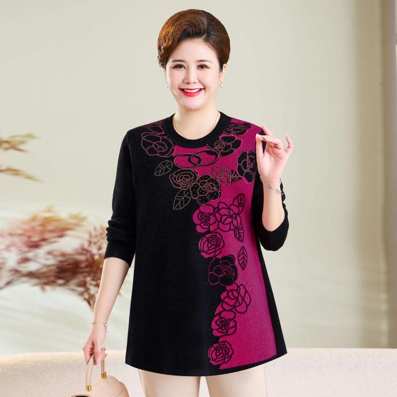 Plus Size Round Neck Wool Pullover for Overweight Middle-Aged and Elderly Women - Extra Wide Base Layer Knitwear for Autumn/Winter