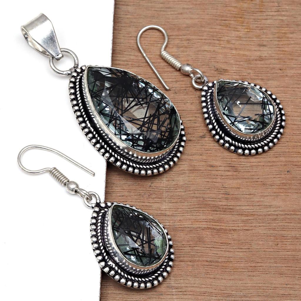 Black Rutile Set  Pendant  Jewelry Earring 18-20'' Gemstone Handmade