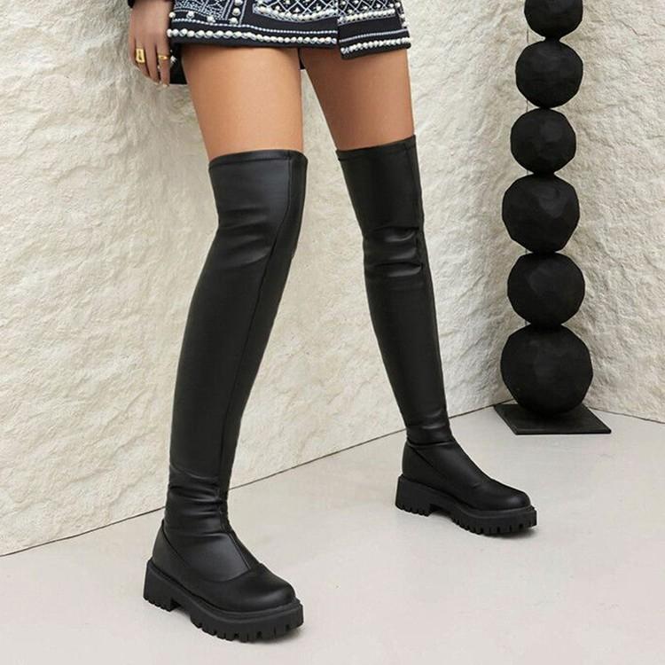 Damen Plateau Schlupf Overknee Stiefel, Flache Sohle Oberschenkelhohe Stiefel, Europäischer Stil Winterschuhe für Damen