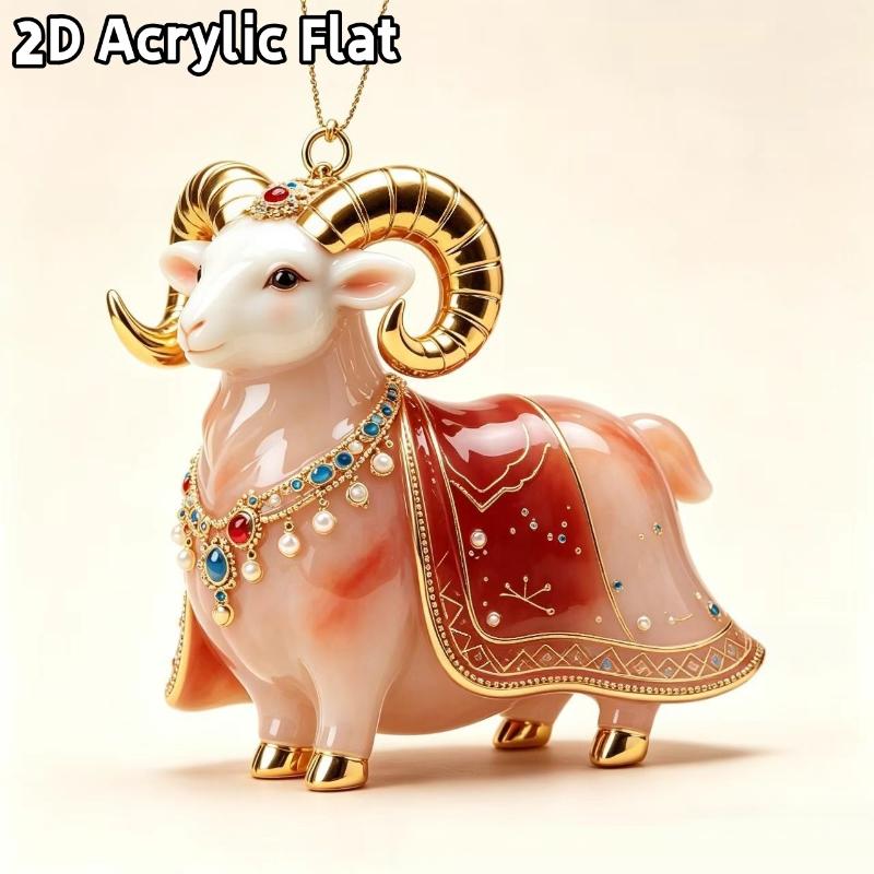 2D Flat Acrylic Christmas Hanging Pendant Red Gold Chinese Zodiac Goat Xmas Tree Ornament New Year Car Pendant
