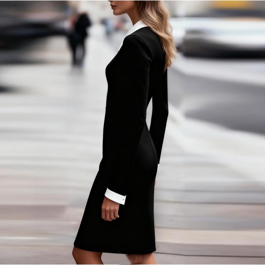 Women's Classic Color-blocking Long-sleeved Slimming Mid-length Dress
