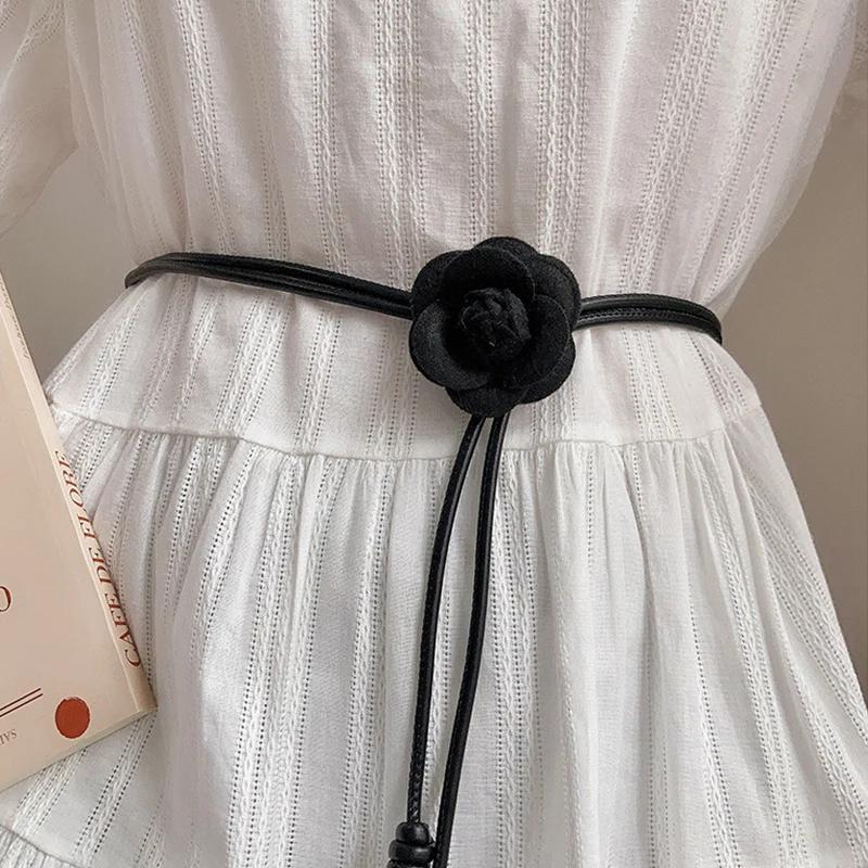 Camellia Leather Rope Knotted Women Belt Long Thin Slimming Body Waistbands For Female Lady Dress Skirt Decorative Skinny Straps