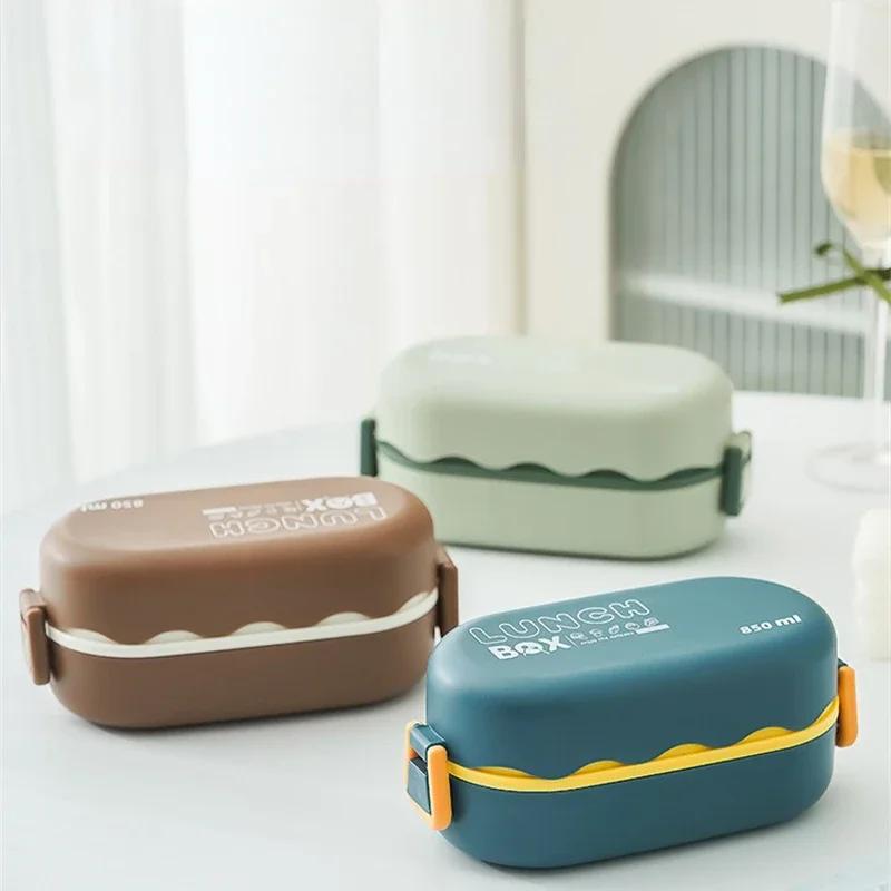 Box na oběd 850 ml Dvouvrstvý plastový přihrádkový box na oběd s přezkou na lžičku Netěsná nádoba na uskladnění potravin Utěsněný piknikový box