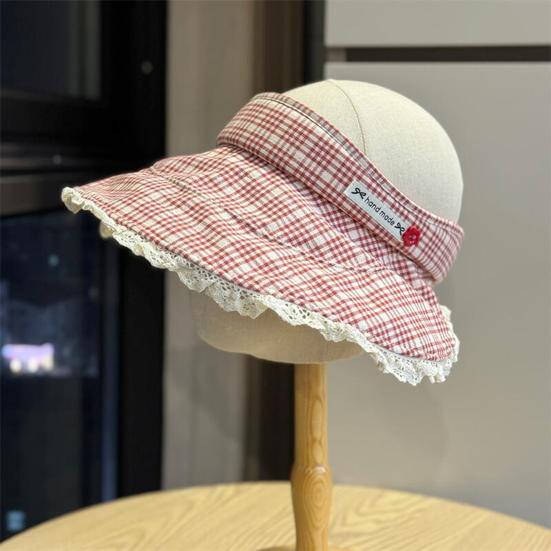 

Spring and summer UV protection hat, Korean style stylish lace plaid open-top hat for women, large brim sun protection hat for outdoor use Adult54-60Adjustable вина червоного кольору