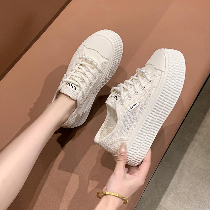 Putian Popular Lace Mesh White Shoes Women's Spring and Summer 2025 New Hollow Breathable Versatile Thick Baseplate Shoes