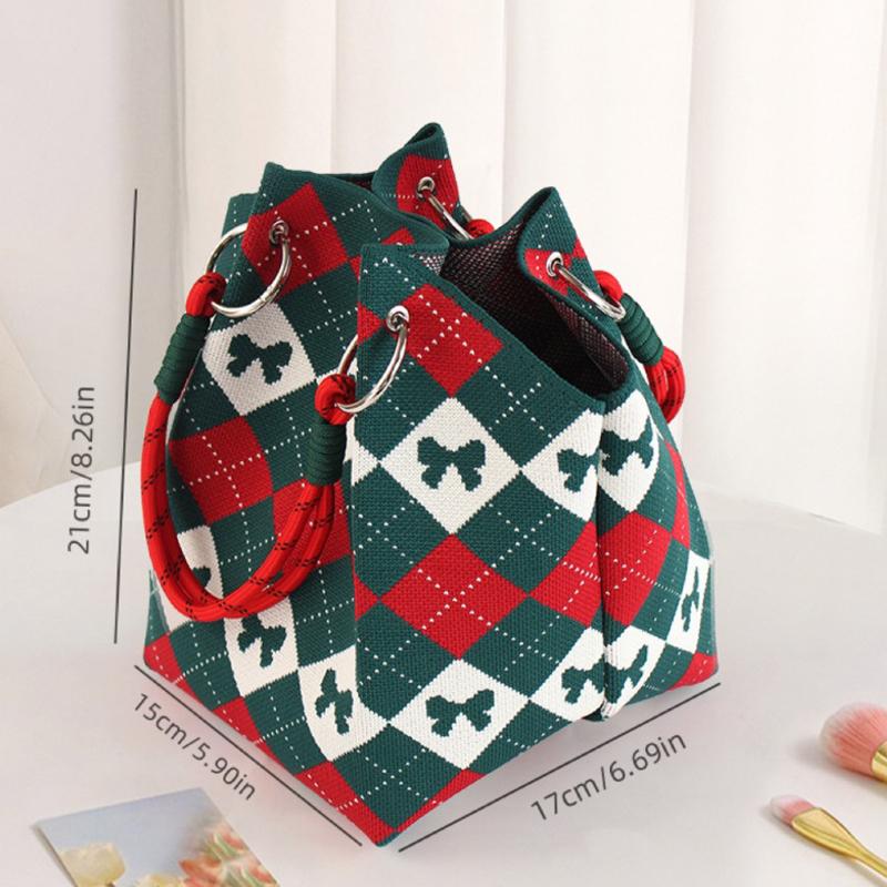 Embroidered Bow Vintage Handbag Large Capacity Bucket Tote Bag Portable Large Capacity Women's Travel Shoulder Bag CLE