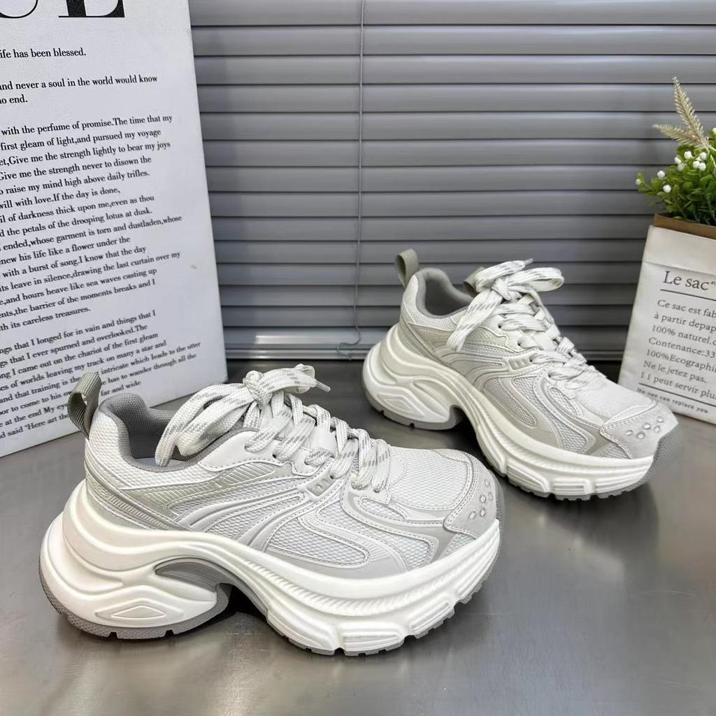 European dad shoes women's spring 2025 new leather color matching thick sole height increase versatile fashion casual sports shoes