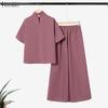 ZANZEA Women Short Sleeve Blouse and Wide Leg Pants Casual Two Piece Suit Sets