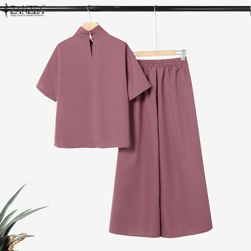 ZANZEA Women Short Sleeve Blouse and Wide Leg Pants Casual Two Piece Suit Sets