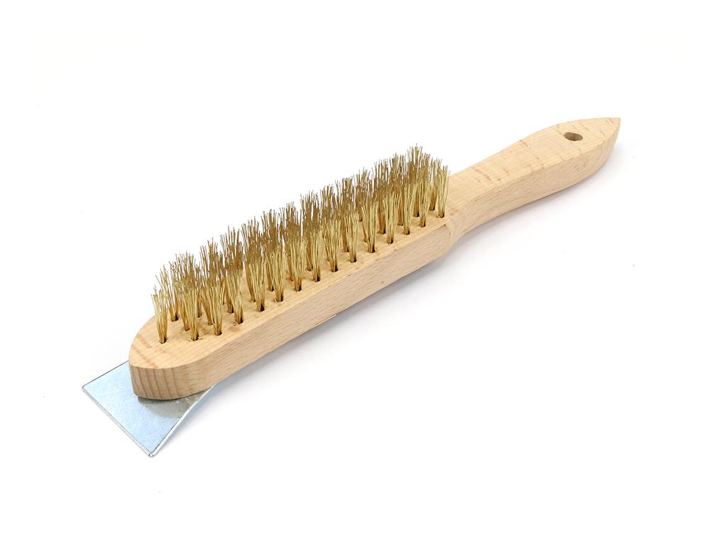 PREMIUM rust removal wire brush - brass wire / 4 rows, with scraper, TEGER